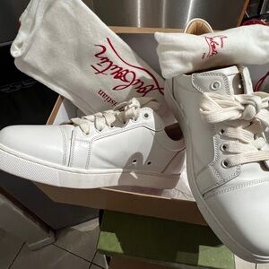 Christian Louboutin White Leather Lace-Up Low Tops with Red Logo Dust Bags